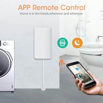 NEO Zigbee Water Sensor for Leak Detection and App Alerts mounted near washer with smartphone app showing remote leak notifications