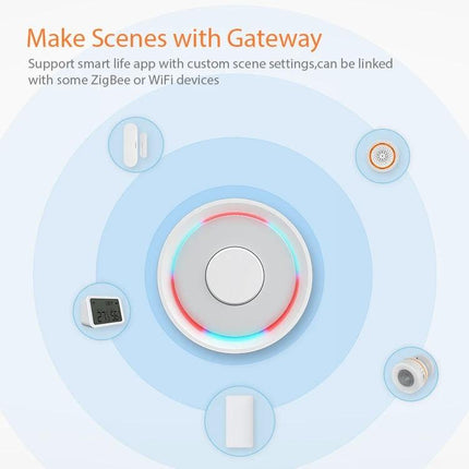 NEO Zigbee Water Sensor for Leak Detection and App Alerts shown in smart home scene with gateway and connected devices