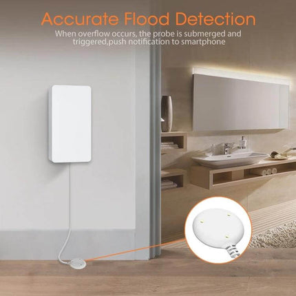 NEO Zigbee Water Sensor for Leak Detection and App Alerts mounted on wall near bathroom sink with probe on floor detecting flood