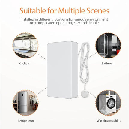 NEO Zigbee Water Sensor for Leak Detection and App Alerts shown near washing machine, sink, refrigerator and bathroom for home leak monitoring