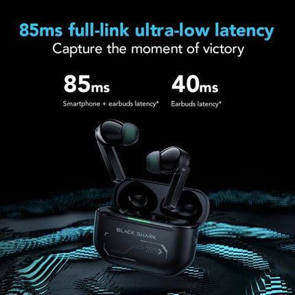 Xiaomi Black Shark Wireless Earbuds For Daily Commuting showing earbuds in open case with 85ms smartphone+earbuds latency 40ms
