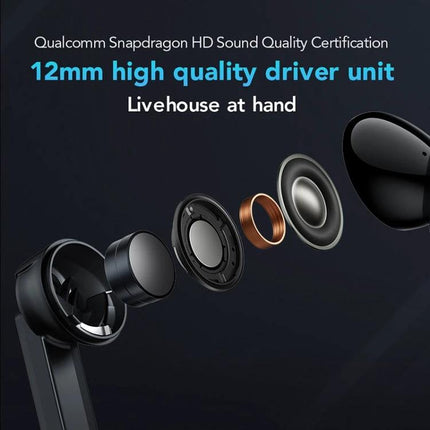 Xiaomi Black Shark Wireless Earbuds For Daily Commuting showing 12mm driver components, Bluetooth noise reduction, sleek black earbuds