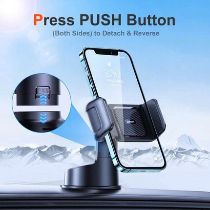 Joyroom Car Dashboard Phone Holder With 360 Degree Adjustability mounted on dashboard showing one-button push release and secure phone grip