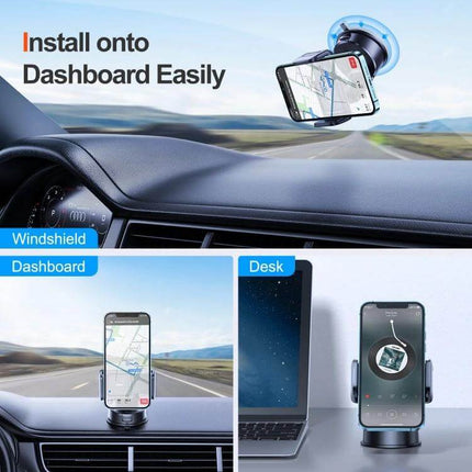 Joyroom Car Dashboard Phone Holder With 360 Degree Adjustability mounted on car dashboard and desk showing 4-7 inch phone in place