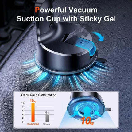 Joyroom Car Dashboard Phone Holder With 360 Degree Adjustability showcasing powerful vacuum suction cup with sticky gel for rock-solid stabilization