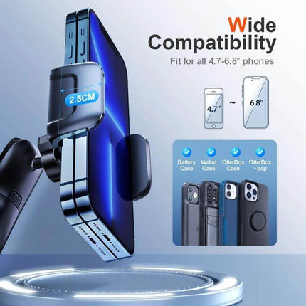 Joyroom Car Dashboard Phone Holder With 360 Degree Adjustability mounted on dashboard holding a 4.7–6.8" phone with 2.5cm grip, one-button release and wide case compatibility