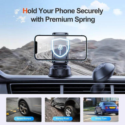 Joyroom Car Dashboard Phone Holder With 360 Degree Adjustability mounted on dashboard holding phone securely with one-button release and compact sturdy design