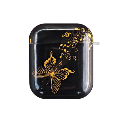 Protect Your AirPods During Daily Commutes with IMD Original Case — black glossy case with gold butterfly and music notes design