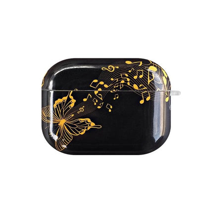 IMD Original Protective Case for AirPods Pro Everyday Use - black glossy case with gold butterfly and musical notes design, 360-degree anti-drop protection