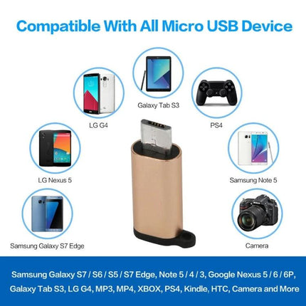 Essential Adapter for Everyday Smartphone Charging Needs USB-C to Micro USB adapter shown with Micro USB devices like Galaxy, Nexus, PS4 controller, camera