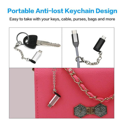 Essential Adapter for Everyday Smartphone Charging Needs - USB-C to Micro USB keychain adapter shown attached to keys, cable and purse