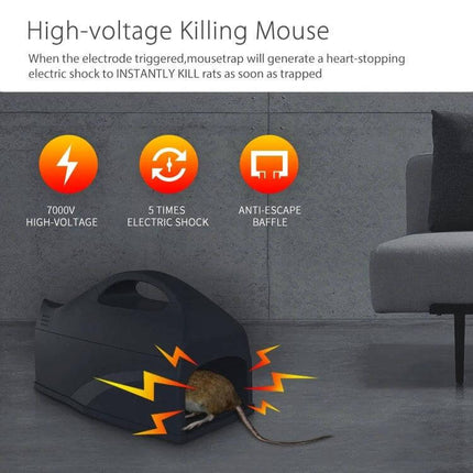 Neo Smart WiFi Sensor Mousetrap for Everyday Home Use showing compact indoor trap with electric shock icons and app alerts