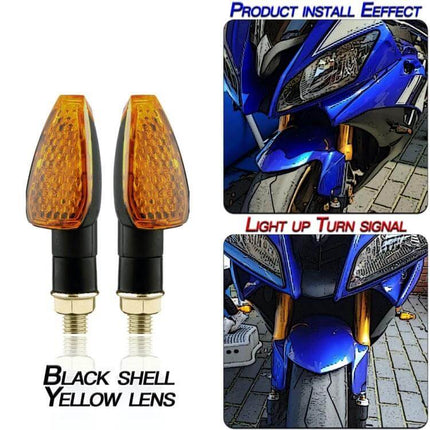 KC025 Motorcycle Turn Signal Lights 2 Pack Black Shell With Yellow Lens - compact 12V LED signals with 142 LEDs for bright, low-current visibility