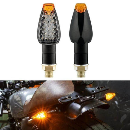 KC025 Motorcycle Turn Signal Lights 2 Pack Black Shell With Yellow Lens - compact 12V LED motorcycle signals, 142 LEDs each, bright daytime and rain visibility