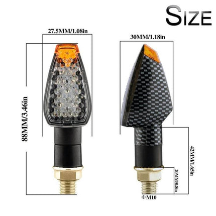 KC025 Motorcycle Turn Signal Lights 2 Pack Black Shell With Yellow Lens compact LED turn signals showing dimensions and carbon-look housing