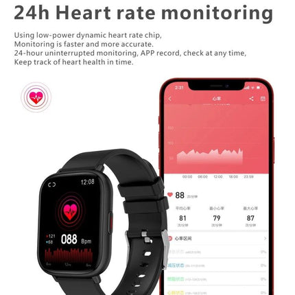 Versatile Smart Watch for Daily Health and Fitness Tracking - black smartwatch showing 24h heart rate monitoring and mobile app heart rate graph