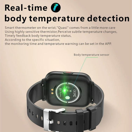 Versatile Smart Watch for Daily Health and Fitness Tracking showing rear body temperature sensor with green LED on wristwatch