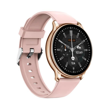 Smart Watch Companion for Everyday Routines and Travel - rose gold case with pink silicone band and 1.32-inch color display showing steps and heart rate