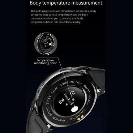 Smart Watch Companion for Everyday Routines and Travel - back view showing body temperature sensor and 1.32-inch display features