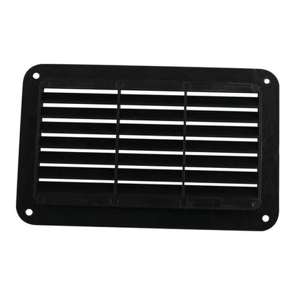 Rectangle Louvered Plastic Vent Panel Cover 193x122mm - black ABS vent with louvered slats and M5 screw holes, outer frame 193x122mm, inner opening 165x96mm