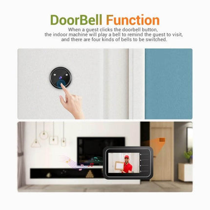 ESCAM Digital Door Viewer With 2.4 Inch Screen And Night Vision showing doorbell function, visitor preview on indoor 2.4-inch screen and night vision