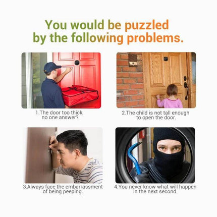 ESCAM Digital Door Viewer With 2.4 Inch Screen And Night Vision - home security preview showing delivery, child reach, peeping and intruder scenarios