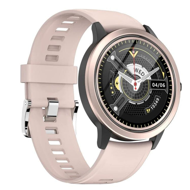 Essential Smart Watch for Everyday Health Monitoring and Connectivity pink round smartwatch showing heart rate, steps and notification-ready display