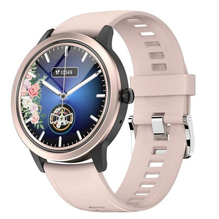 Essential Smart Watch for Everyday Health Monitoring and Connectivity – pink smartwatch showing heart rate, steps and floral watch face