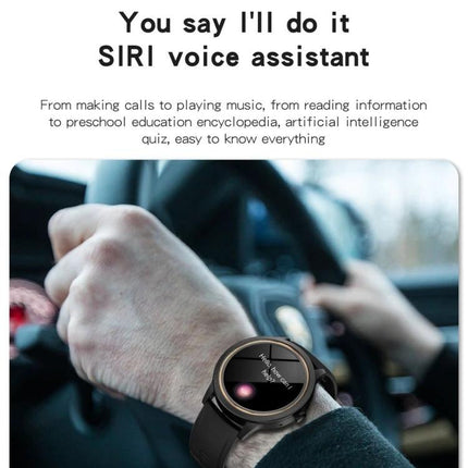 Essential Smart Watch for Everyday Health Monitoring and Connectivity showing wrist with watch displaying Siri voice assistant while driving