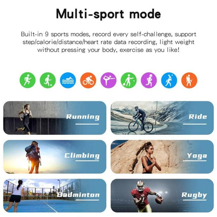 Essential Smart Watch for Everyday Health Monitoring and Connectivity — multi-sport mode showing running, ride, climbing, yoga, badminton, rugby icons and activity photos