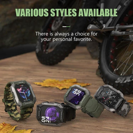 A Versatile Smart Watch for Everyday Health Tracking — rugged camouflage styles showing step, heart rate, and sleep screens