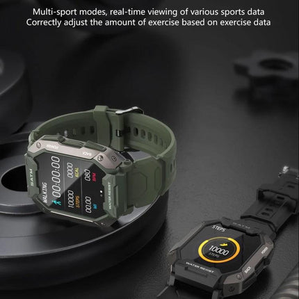 A Versatile Smart Watch for Everyday Health Tracking showing olive-green rugged watch displaying steps, heart rate and sleep data on workout scene