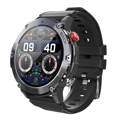 C21 Smart Watch for Daily Health Awareness and Activity Tracking - rugged black smartwatch showing steps, heart rate and activity dials