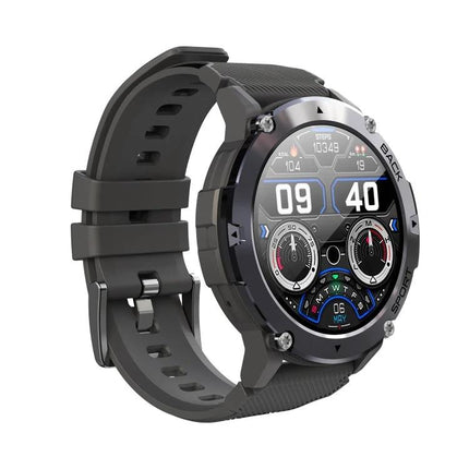 C21 Smart Watch for Daily Health Awareness and Activity Tracking black sport watch showing digital time, heart rate and activity dials