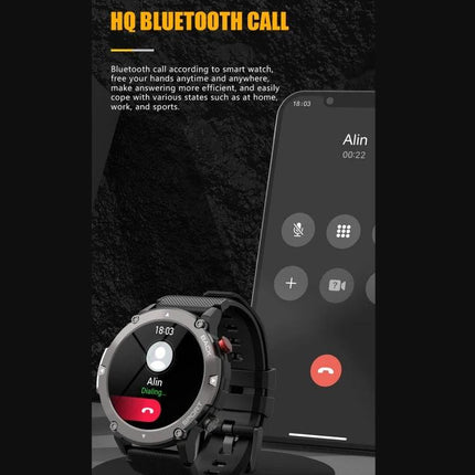 C21 Smart Watch for Daily Health Awareness and Activity Tracking - black smartwatch showing Bluetooth call screen with phone in background