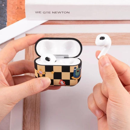A Simple Protective Case for AirPods in Daily Use showing hands placing earbuds into a checkered protective case