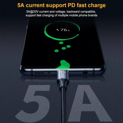 USB-C Male to Female Extension Cable for Data Transfer and Charging showing fast PD charging 5A connected to smartphone