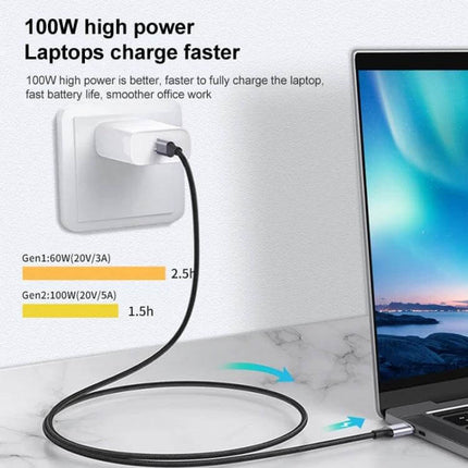 USB-C Female to Male Elbow Extension Cable for Charging and Data Transfer showing 100W laptop charging with angled plug reducing cable strain