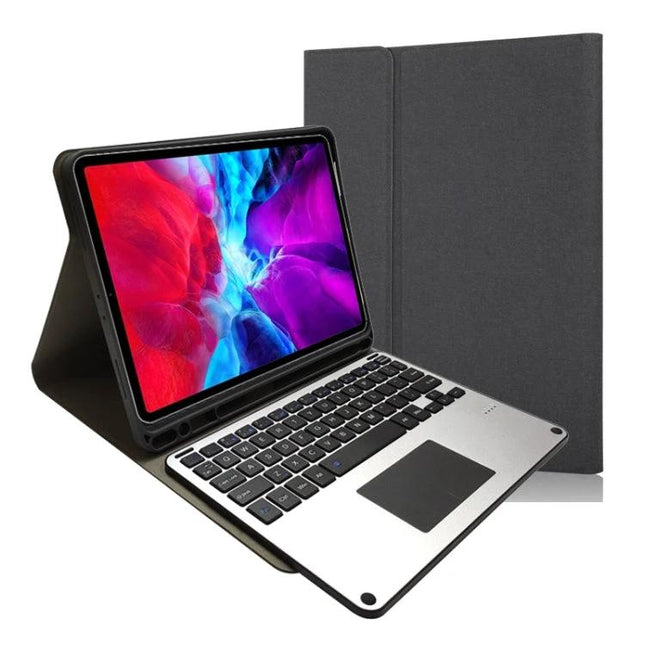Aluminum Bluetooth Keyboard Case for iPad Pro 11 with Flip Stand showing silver keyboard, trackpad and protective folio in landscape mode