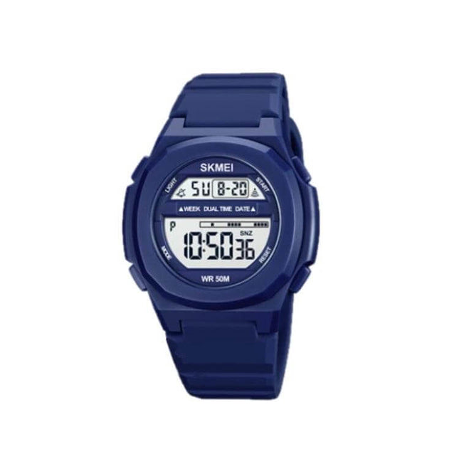SKMEI Electronic Watch with Silicone Strap for Daily Timekeeping — navy blue digital watch with stopwatch, dual time, and silicone strap