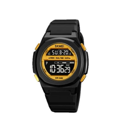 SKMEI Electronic Watch with Silicone Strap for Daily Timekeeping - black digital watch with yellow accents, stopwatch, dual time and water resistant