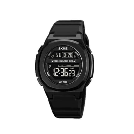 SKMEI Electronic Watch with Silicone Strap for Daily Timekeeping - black digital watch showing time, dual time, stopwatch and water resistance