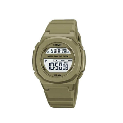 SKMEI Electronic Watch with Silicone Strap for Daily Timekeeping — khaki digital watch with stopwatch, dual time and 50m water resistance