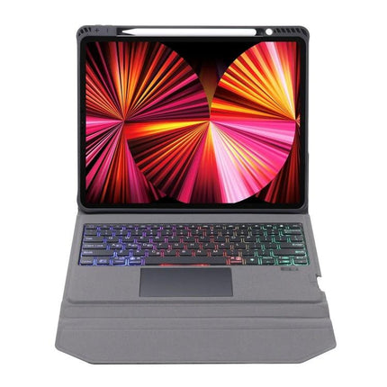 Leather Case with Backlit Bluetooth Keyboard for iPad showing backlit keys, trackpad and protective leather exterior in gray