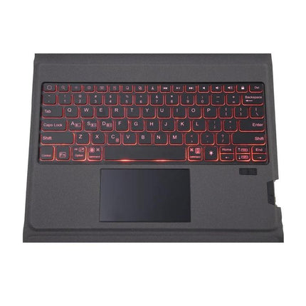Leather Case with Backlit Bluetooth Keyboard for iPad showing red backlit keys and built-in trackpad in protective leather cover