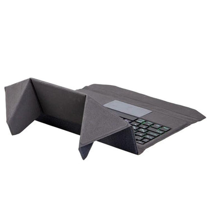 Leather Case with Backlit Bluetooth Keyboard for iPad shown open with illuminated keys and folding stand for travel use