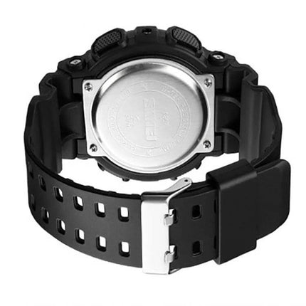 SKMEI Waterproof Electronic Watch for Daily Timekeeping and Alarms rear view showing black resin strap, stainless steel caseback and buckle