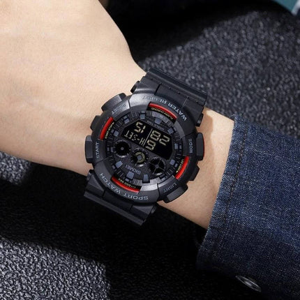 SKMEI Waterproof Electronic Watch for Daily Timekeeping and Alarms on wrist, black sporty digital watch showing time, alarm and water-resistant design