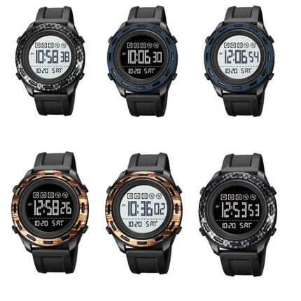 SKMEI Waterproof Electronic Watch with Stainless Steel Buckle, Black - six black digital sport watches showing various camo bezel accents and displays
