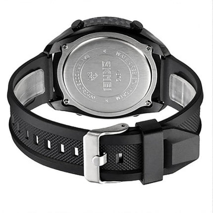 SKMEI Waterproof Electronic Watch with Stainless Steel Buckle, Black - rear view showing stainless steel caseback and black textured strap with buckle